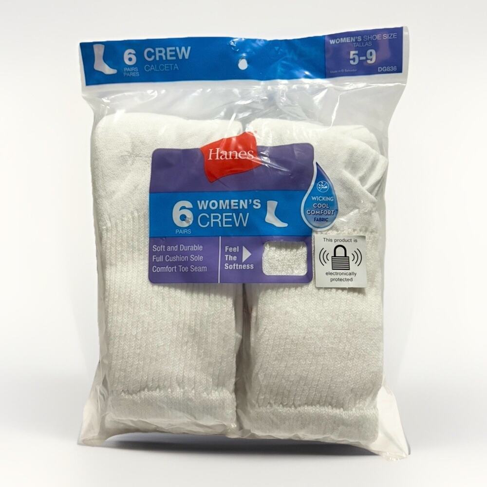 Hanes Womens White Crew Socks 6 Pair Cushion Comfort Moisture Wicking Size 5-9
